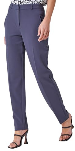 Roman Straight Leg Stretch Trousers for Women UK Ladies Work Office Smart Suit Pants Slacks Cigarette Tailored High Elasticated Waist Ankle Grazer Slim Angela - Long Dark Grey (31 inch) - Size 14