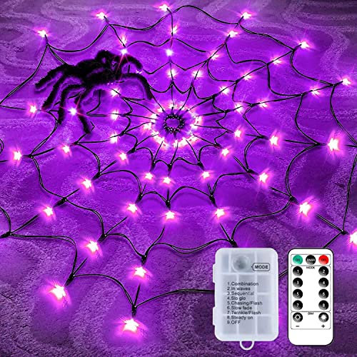 GTYYBH Halloween Spinnennetz Lichter mit 96 LED, 8 Modi Schwarze Spinnennetz Lichter mit Haariger Spinne für Beleuchtete Halloween Dekorationen,Wand,Garten,Hof Dekor&Spukhaus Halloween Dekor【Violett】