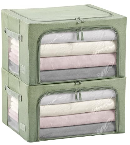 Periea Beau 2 Pack Storage Boxes 33L (40x33x25cm) – Collapsible Stackable Fabric Organisers Storage Bags with Steel Frame, Front Window & Top/Front Zip Access – (Sage Linen)