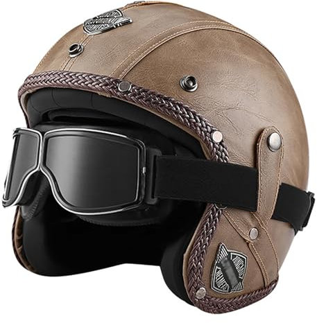 Casco vintage retrò Scooter Casco jet ciclomotore Casco mezzo casco in pelle 3/4 con visiera Casco aperto per uomo e donna Certificazione DOT ECE,F-M=(57~58cm)