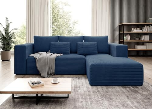 Moderno Ecksofa mit Schlaffunktion und Bettkasten Stripes - Sofa mit 3 Sitzer und Robuste überzug - Schlafcouch L-Form - Modern Couch Cord - 255x73x161 cm - Rechts Marine