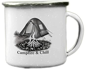 Millhouse Prints Enamel Tin Mug -Campfire and Chill- Camping, Caravan, Campervan Mug