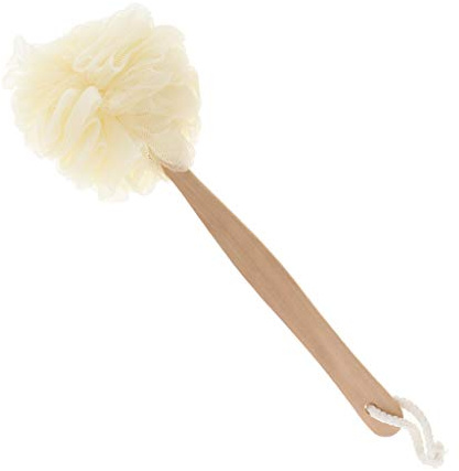 Brosse à boules de bain avec manche long en bois, rondelle de nettoyage en maille de nylon doux, éponge à récurer pour hommes femmes, 36x13cm (Blanc)