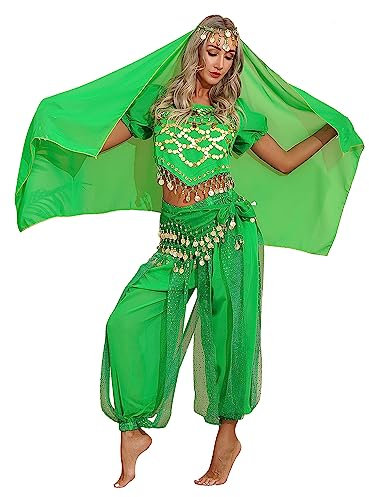 TiaoBug Damen Prinzessin Kostüm Set Pailletten Crop Top + lange weite Hose + Stirnband mit Strass Verkleidung für Karneval Fasching Cosplay Party Tanz Grün Bauchtanz Set Einheitgröße