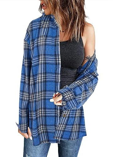 Wenrine Damen Karierte Bluse Langarm V-Ausschnitt Hemd Button Down Hemdjacke Flanell, Blau, XL