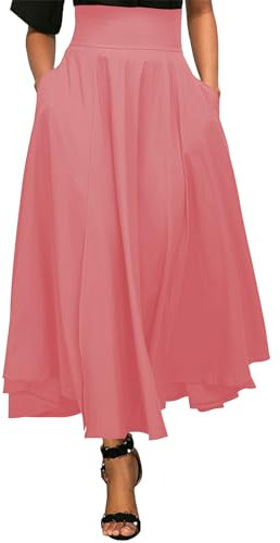 Rooscier Gonna lunga da donna elasticizzata a vita alta con nodo posteriore svasato con tasche, Rosa Cipria, XL