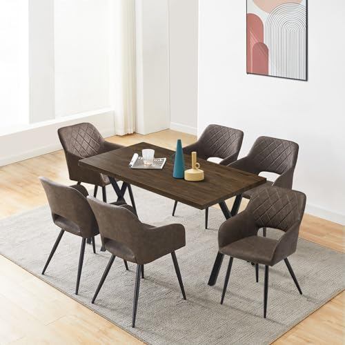 CLIPOP Essgruppen Esstisch mit 6 Stühlen,Holz Rechteckig Küchentisch 140cm und PU Leder Esszimmerstühle 6er Set,Retro Style Tisch Armlehnstuhl Sitzgruppe für Wohnzimmer Esszimmer Küche (Braun+Braun)