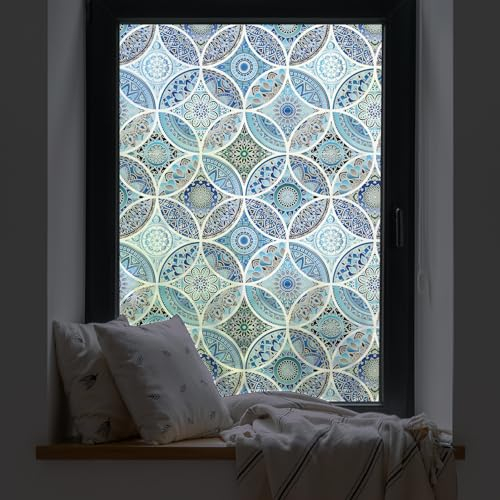 dktie Fensterfolie Blickdicht Sichtschutzfolie Milchglasfolie Dekorfolie Glasmalerei Fensterfolie Kreismuster Statische Aufkleber ohne Klebstoff Wiederverwendbar (Hellblau, 44.5X200CM)