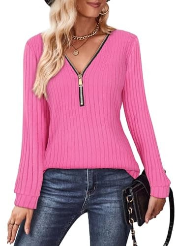 Gemulate Ladies Long Sleeve Tops V Neck Zip Jumper Women Ladies Lightweight Sweatshirt Ribbed Womens Sweaters Winter Top Hot Pink S