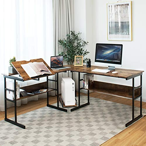 GIANTEX Eckschreibtisch in L-Form, 170 cm, Computertisch mit 2 Regalen, neigbare Platte, Zentralständer, Computertisch für Büro, platzsparend, Industrie-Stil (Braun)