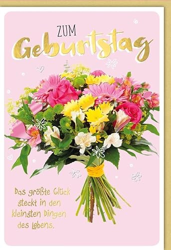 Geburtstagskarte Glückwunschkarte Geburtstag mit Blumenstrauß in bunten Farben und goldener Schrift auf rosa Hintergrund das größte Glück steckt in den kleinsten Dingen des Lebens mit Umschlag