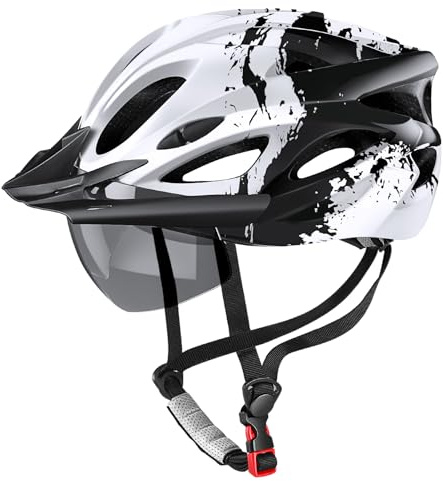 Bike Helmet with USB Rechargeable LED Light Detachable Goggles and Sun Visor, Mountain & Road Bicycle Helmets for Men Women Adult Cycling Helmets (Black+White)