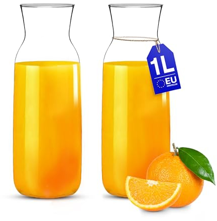 KONZEPT Wasserkaraffe ohne Deckel 2er Set, Glaskaraffe 1 liter, Karaffe ideal für Wasser, Saft, Wein, Limonade, Coctails und Milch