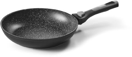 Pradel Excellence - PCUI002002 - Poêle en Aluminium Forgé Pierra Ø24cm - Revêtement Anti-Adhésif Façon Pierre - Manche Amovible - Tout Feu, Induction, Four, Noir