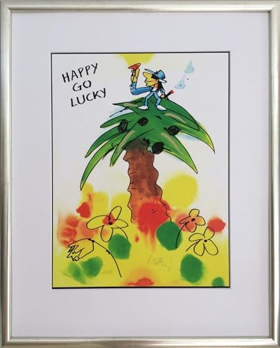 Kunstverlag Christoph Falk Happy go Lucky - Udo Lindenberg Bild - handsignierte Auflage original Grafik im silberfarbenem Rahmen hinter Museumsglas. Likörell. Siebdruck.