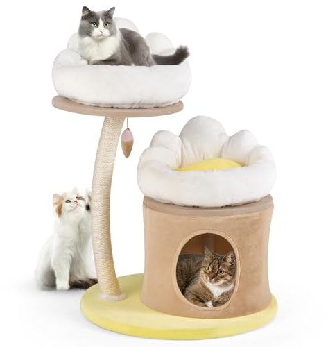 COSTWAY Petit Arbre à Chat Mignon de 83 cm, Tour à Chat avec Condo et 2 Nids Supérieurs Amovibles & Lavables, Centre d'Activités pour Chaton avec Jouet Interactif et Poteau à Gratter en Sisal, Beige