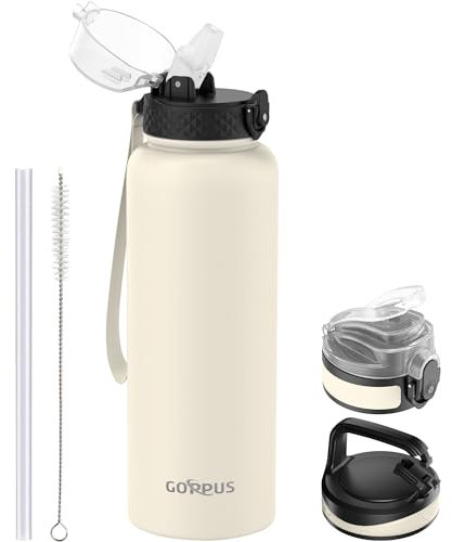 GOPPUS 1.2L/40oz Stainless Water Bottle with Straw Double Wall Insulated Bottles with Strap Large Vacuum Thermal Flask Leakproof Keep Cold Drinks Bottles with Flip Top Lid for Men Women BPA Free