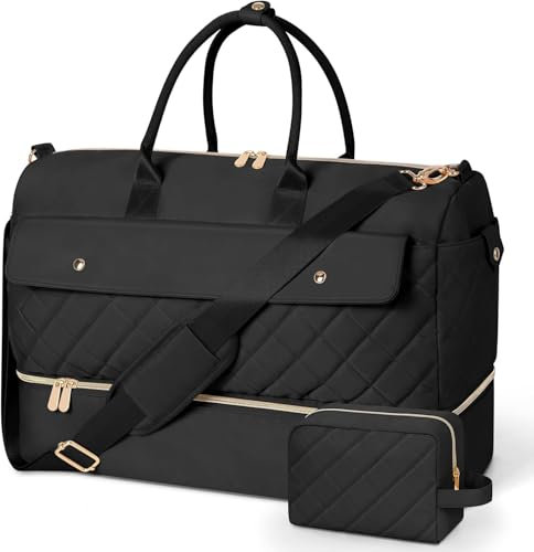 Wedama Wochenendtaschen für Damen, Reisetasche mit Schuhfach, Übernachtungstasche mit Kulturbeutel, Make-up-Tasche, Turnbeutel, Reisetasche für Reisen, Fitnessstudio, Schwarz, XL