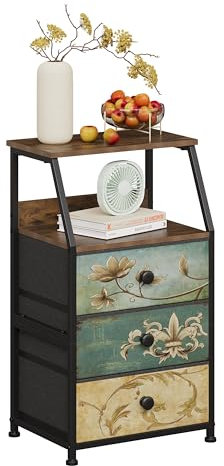 VEDECASA Chest of Drawers Bedroom Furniture with 3 Drawers Bedside Table Fabric Storage Organizer Unit for Living Room Bedroom Sofa Couch Closet Wood Top Metal Frame Easy to Assemble