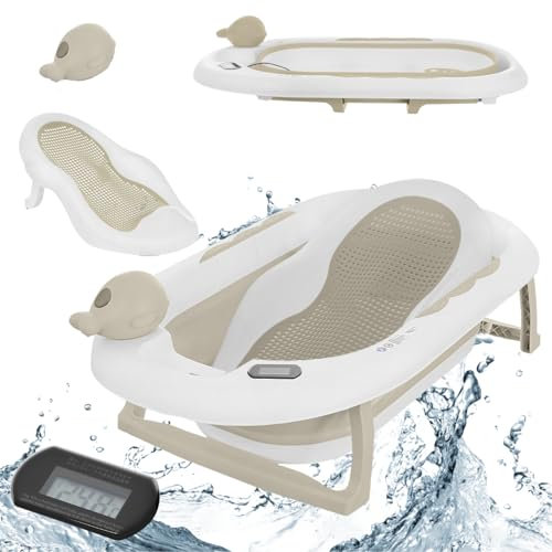 Primabobo Faltbar Babybadewanne, Große Babywanne faltbar, Kinderbadewanne mit Badesitz, für Babys von 0-36 Monaten (Ola Beige (Badesitz, Thermometer), Faltbare Babybadewanne)