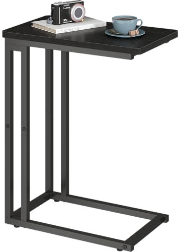Yusong C Shaped End Table, Couch Side Table That Slide Under Sofa Bed for Small Spaces, Skinny Overbed Table, Coffee Drink Snack Table for Living Room, Black Oak
