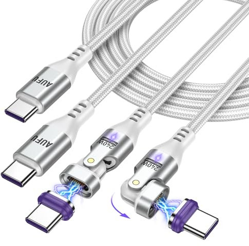 AUFU 240W Cavo di Ricarica Magnetico USB C [1.8m+1.8m] Ricarica Super Veloce 48V/5A & Trasferimento Dati per iPhone 15/Samsung S22/MacBook, Cavo USB C Magnetico - Bianco