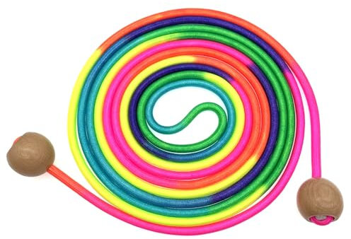 JZK Cuerda de saltar de 4,8 m de largo para multijugador para niños y adultos, cuerda de saltar para niños con mango de bola de madera, cuerda de saltar de color arcoíris para niños y niñas