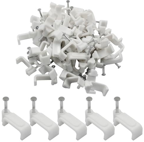 Litoexpe Flachkabel-Clips, 14 mm, weiß, Ethernet-Kabel, Wandclips, Koaxialkabel-Clips, Lautsprecher, Kabelclips für Cat8, Cat7, Cat6, flaches Ethernet-Kabel, 100 Stück
