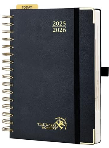 POPRUN Tagesplaner 2025 2026 Ringbuch mit Hardcover 21,5 x 14,5 cm, Tageskalender A5 1 Tag 1 Seite (Montag - Sonntag), Terminplaner (Aug.2025-Jul.2026) mit Plastiklineal - Schwarz
