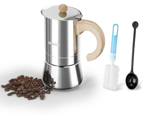 UPOHYEE Cafetiere Italienne 300 ml 6 Tasses Camino de grano de madera Grande Contenance Cafetiere Italienne Induction Compatible avec Plaque à Induction Moka Pot Comprenant Cuillère et Pinceau