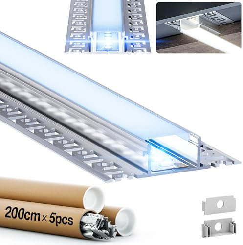 GEEKLUX 5 x LED Fliesenprofil 2 m (10 m), Led Aluminium Profil für LED Streifen bis 25 mm, led Kanal mit Diffuseur PC, Maße: 64,2 x 13,8 mm, Perfekt für Deckeninstallation und Trockenbauprofil