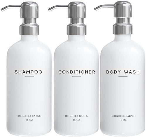 White Shampoo and Conditioner Dispenser Set by Brighter Barns - Shower Dispenser for Bathroom - Refillable Plastic Shampoo Bottle & Stainless Steel Pump - Shampoo Dispenser for Vacation Rental (White)