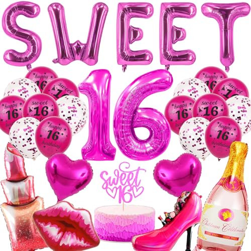 Sweet 16 Geburtstag Deko MäDchen - 30 Pcs Geburtstag Party Deko Latex Foil Konfetti Luftballon Tortendeko Topper Zahlen Sweet Luftballon Mit Roten Lippen Kelch Champagner Lippenstiftballon