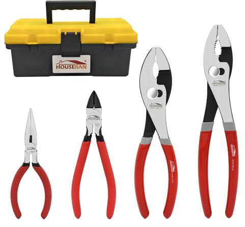 HOUSERAN 4-Piece Tool Set, Plier Set with Case Including 8-in and 10-in Slip Joint Pliers, 6” Flush Cutter, 5” Needle Nose Pliers for DIY & Home Use