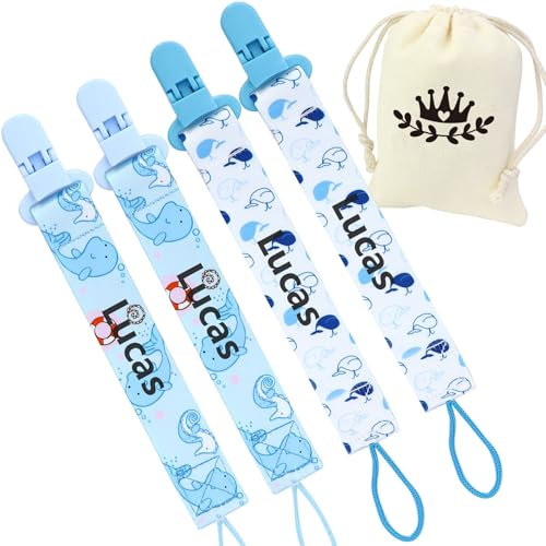 Clips de ficción personalizables ultra-suaves de 4 paquetes con bolsa de almacenamiento: regalo de bebé perfecto para recién nacidos, cadenas personalizadas (Azul)