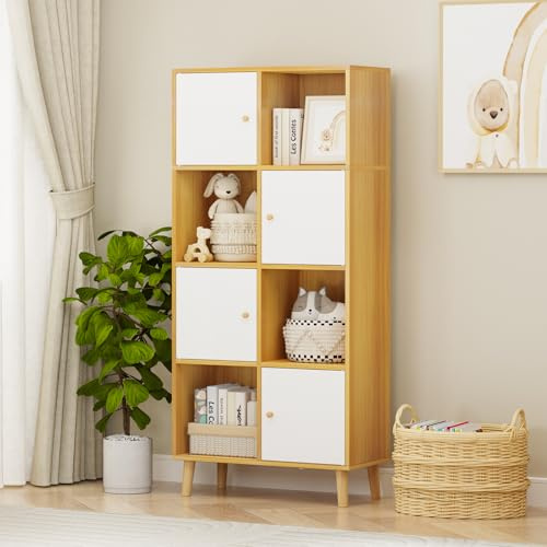 Lvhcmfohm Bibliothèque avec 8 Cubes, Meuble de Rangement, Bibliothèque Étagère Rangement avec 4 Portes (Chêne, 64.5x30x138cm)