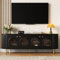 Merax Meuble TV bas avec portes en verre - Noir - 4 portes - Élégante commode avec poignées et pieds dorés - Design en forme d'arc - 170 x 35 x 55 cm