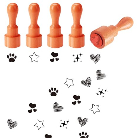 AHANDMAKER 5 Stile Muster Holzstempel 2/3 Zoll Mini Stempel Stern Herz Krallen Stempel Rund Niedlicher Holzstempel Zum Selbermachen Scrapbooking Valentinstag-Dekorationen