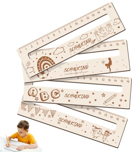 Ntwdby Lesezeichen Holz Lineal 16 cm, 4 Stück Lesehilfe Kinder 1 Klasse zur Einschulung, 2-in-1 Lesehilfe und Lineal für Schulkind Personalisiert, Geschenke für Mädchen und Jungen zum Schulanfang