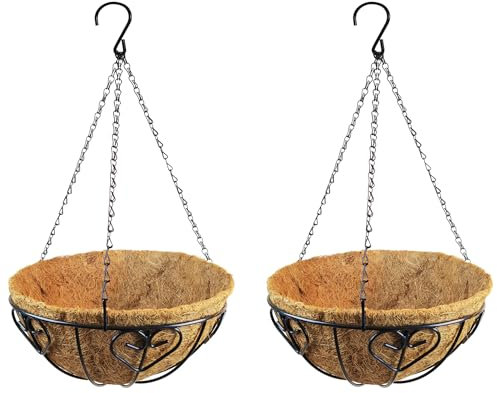 ZAKHSE Blumentopf Hängend, Kokosfasern Blumenampel mit Ketten und Haken, 2 Pack Herz Eisen Pflanzgefäße Coco Faser Liner Hängekorb Halterung für Außen und Innen Zimmerpflanzen, 25,5cm Durchmesser