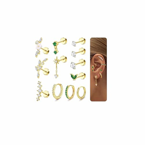 Adramata 12 st helix-piercingsmycken i kirurgiskt stål, tragus-örhängen, set, platt baksida, örhängen, stift, blomma, piercing, helix-ring, broskörhängen, silver, guld, tragus-piercingsmycken