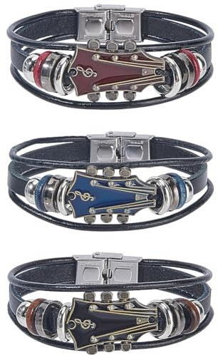 CALFOVERA 3 Farbe Retro Gitarre PU Leder Wickelarmband Punk Mehrschichtiges Rockmusik Armband Ethno Tribal Stapelbares Geflochtenes Lederband Armband Für Männer Musikbegeisterte Geschenk