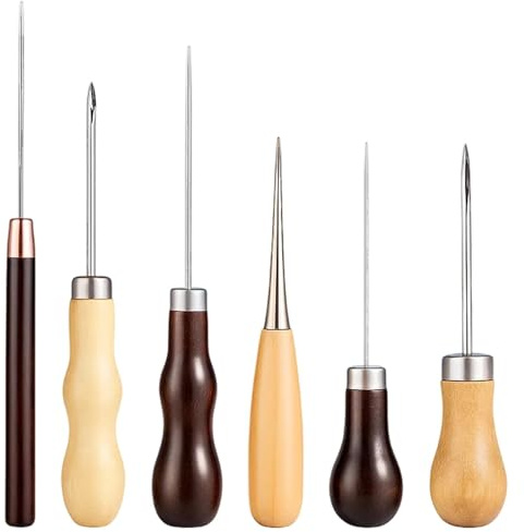 PjuQow Ahle Werkzeug Set 6-teilig, Vorstecher Holz Griff, Nähahle, Vorstecher Holz, Leder Nähen, Leder Werkzeug Set, Professionelle Lederwerkzeuge für Buchbinden Und Näharbeiten