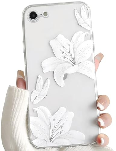 NITITOP for iPhone 7/8 / SE Case Clear Cute Flower Lily, White | for Women Girls, Aesthetic Floral Butterfly Design, Transparent Soft TPU Shockproof Cover, Full Camera Protection