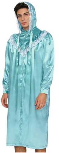 renvena Herren Vintage Schlafkostüm Satin Langarm Nachthemd Robe mit Haube Mütze Nachtwäsche Sissy Dessous Loungewear Blau XL