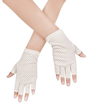 JISEN Women Sunscreen Fingerless Gloves UV Protection Driving Fishing Cotton Mittens Dots Beige