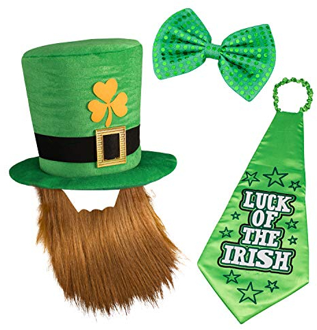Whaline St. Patrick's Day Leprechaun Hut Kobold Zylinder und Bart, Große Schlips und Glückliche Krawatte für Irish St Patrick's Day Kostümparty Kostüm Zubehör Party Favors Dekoration