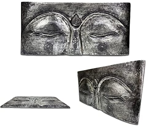 FaHome Meditatives Buddha Relief Wandbild aus Albesiaholz - Handgefertigt, 78x40x4 cm, Silber