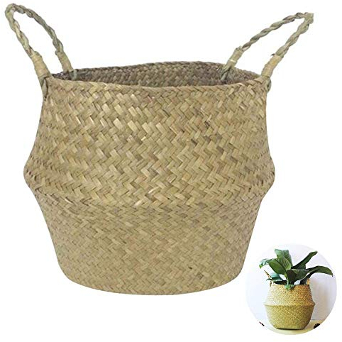 GeDeihen Rotin tissé à la Main en Osier Rotin, Cache Pot Rotin avec Paille Suspendue, Panier Osier Rangement pour Plantes Fleurs et Décorations. (L || 32 * 28cm)
