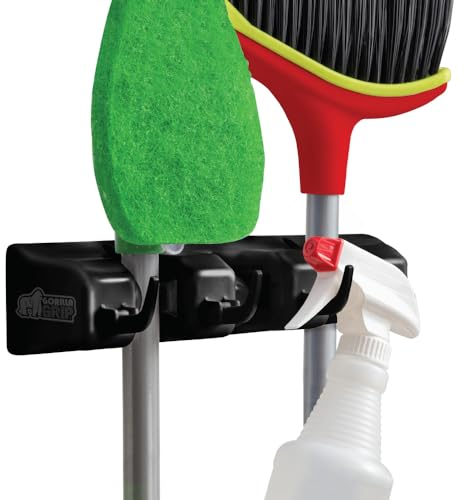Gorilla Grip Premium Mop and Broom Holder, 3 Auto Adjust Slots, 4 Hooks, Easy Install Wall Mount, Store Cleaning and Gardening Tools, Organize Kitchen, Garage, Storage Rooms, Black